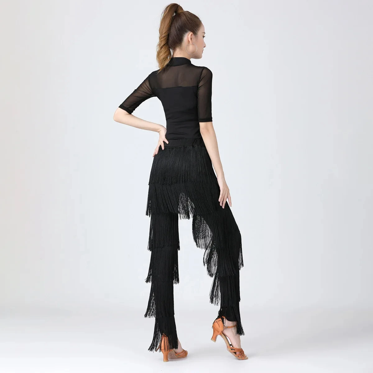 Women Latin Dance Pants Tassels Black Red Fringe Ballroom Tango Salsa Elastic Waist Fashionable Practice Performance Trousers