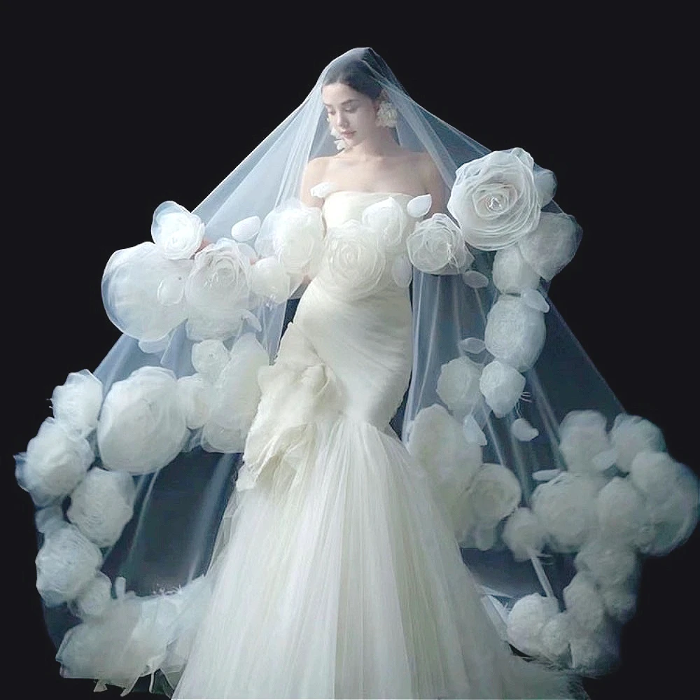 

Elegance Cathedral Veil Wedding Dresses Wedding Veils Soft Tulle with 3D Flowers Bridal Veil Wedding Accessories Marriage