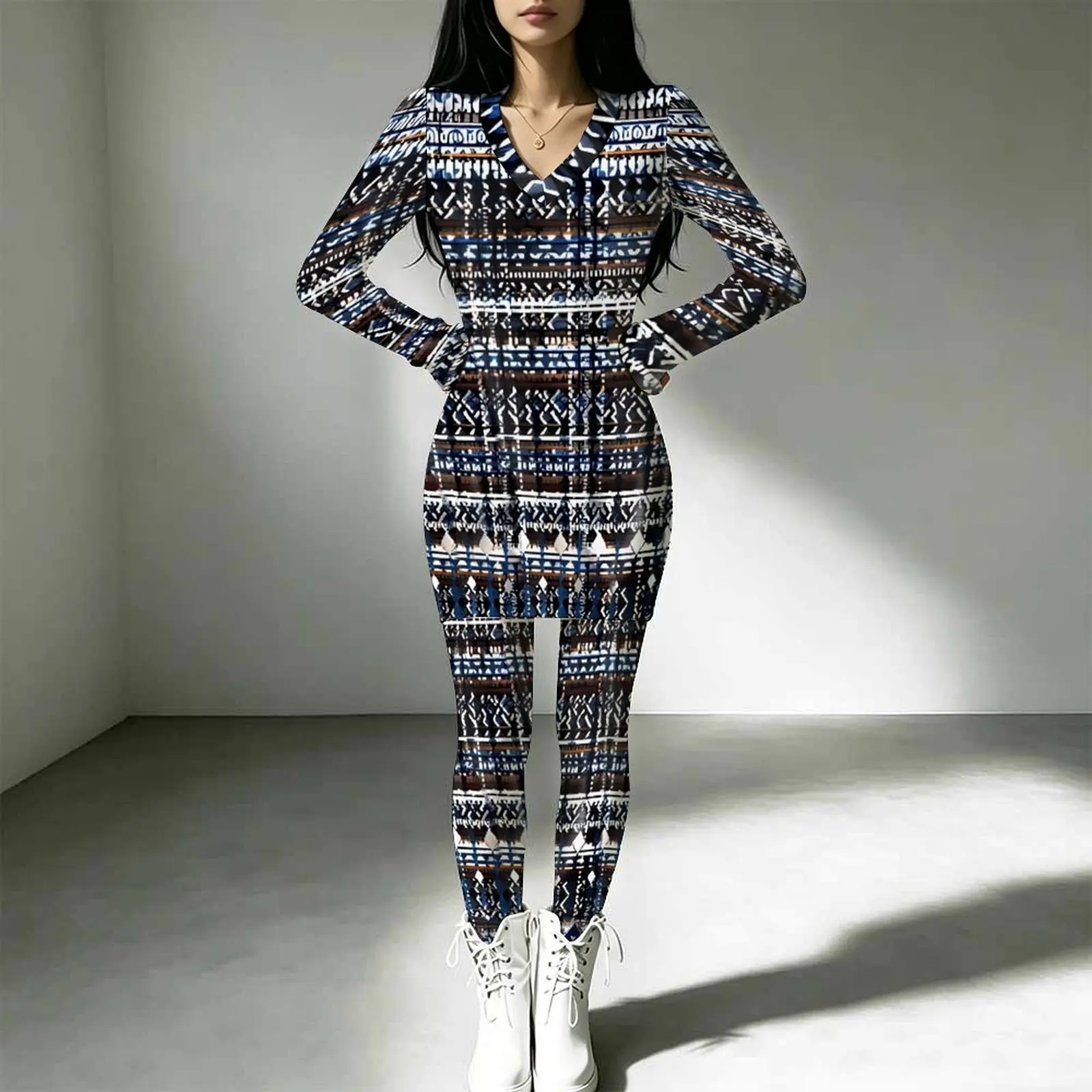 2pcs Women's Jogging PantsPrinted Long-Sleeved V-Neck Top Winter Long T-Shirt  Autumn Tight Two-Piece Set Sexy Tight Pants