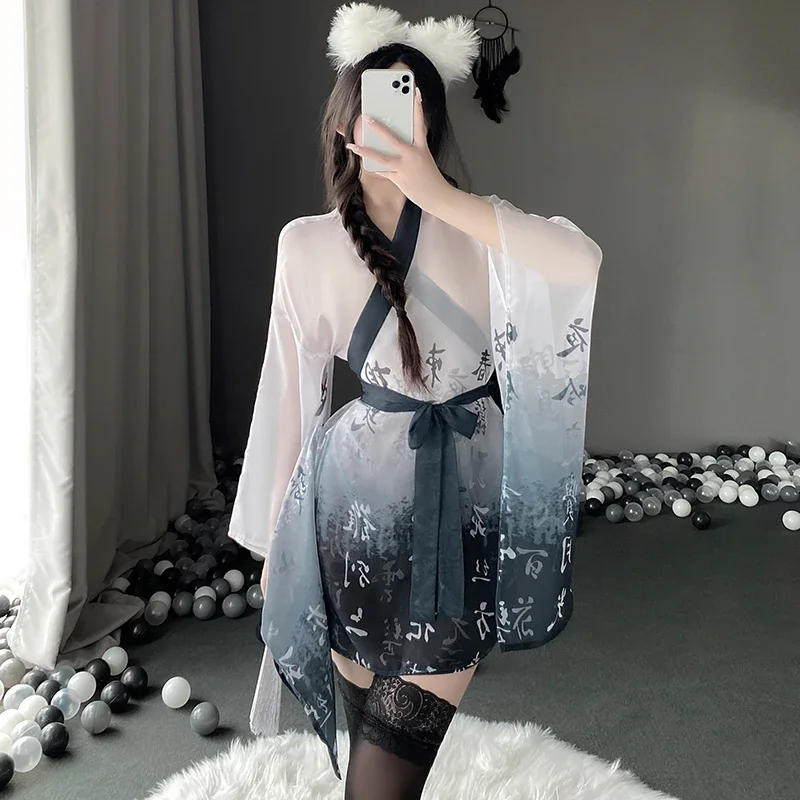 Sexy Kimono Chinese Hanfu Ink Painting Robe Woman Cosplay Costume Tulle Bathrobe Sexy Nightwear Suit Uniform Classical Lingerie