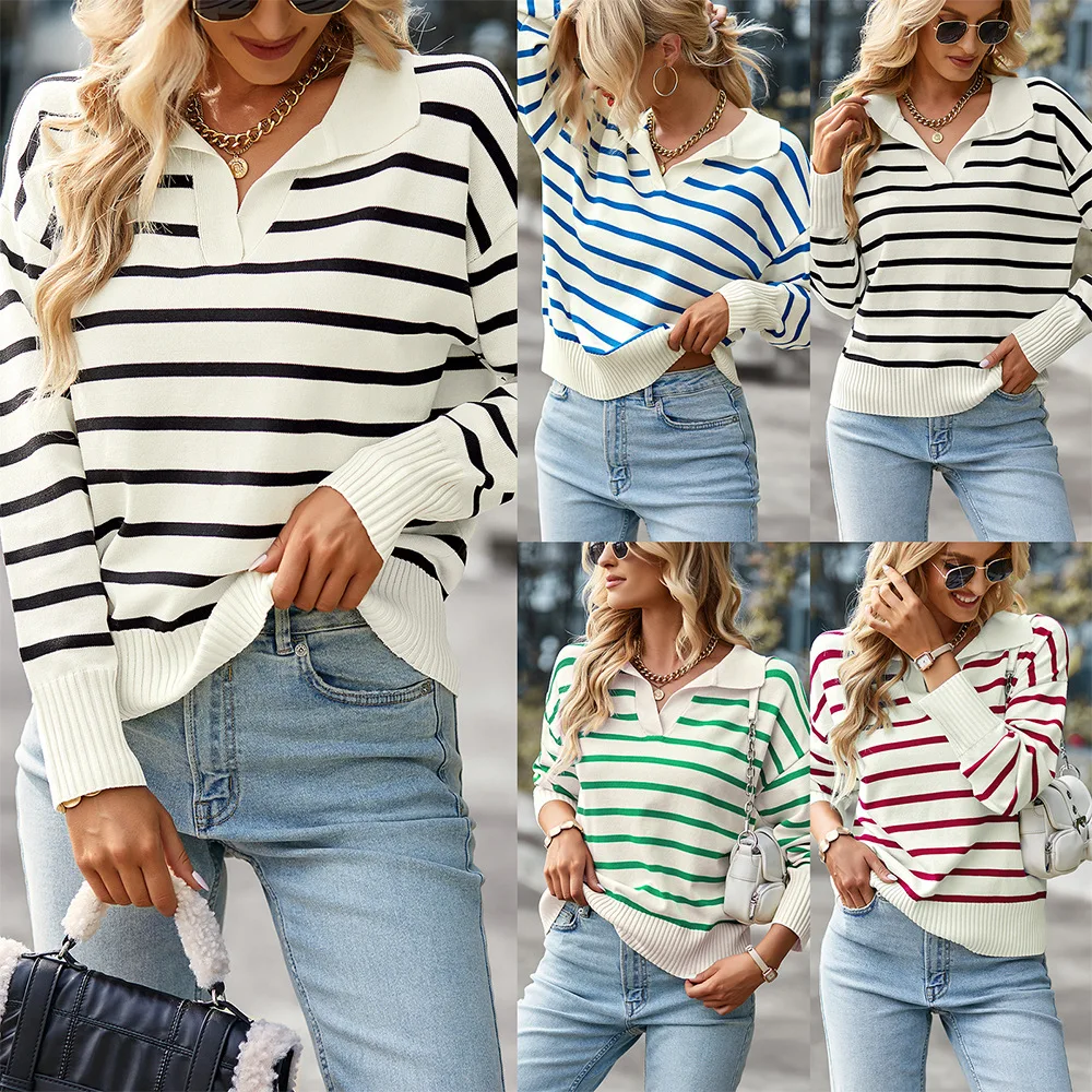

Women's Ne Striped Sweater Autumn Winter Street Sle Loose Fit Long Sve Casual Top Color Blo Pattern