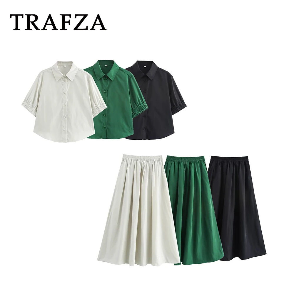 TRAFZA 2024 Summer Women Solid Casual Suit Single Breasted Short Shirt+Elastic Waist Midi Pleated Skirt Vintage Fashion Sets