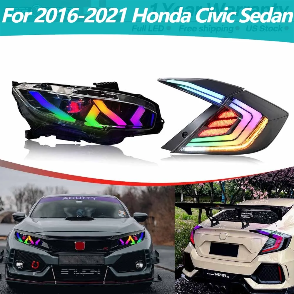 

2Pairs For 2016-2021 Honda Civic Sedan LED Headlights +Clear Tail Lights RGB DRL