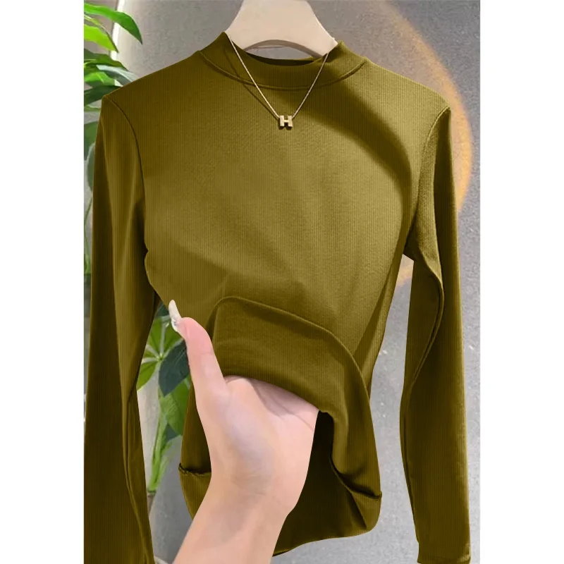 Lente Herfst Dames Mid-Ne Long Sve T-shirt Basis irt Innerlijke Slijtage 2024 Nieuwe Sle Casual Design Sensation Basislaag Top