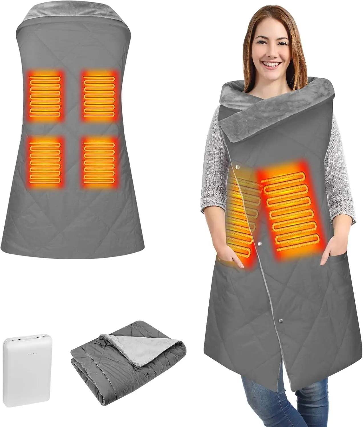 

Портативное USB-одеяло с подогревом и аккумулятором, 3 уровня нагрева для дома и улицы - серое