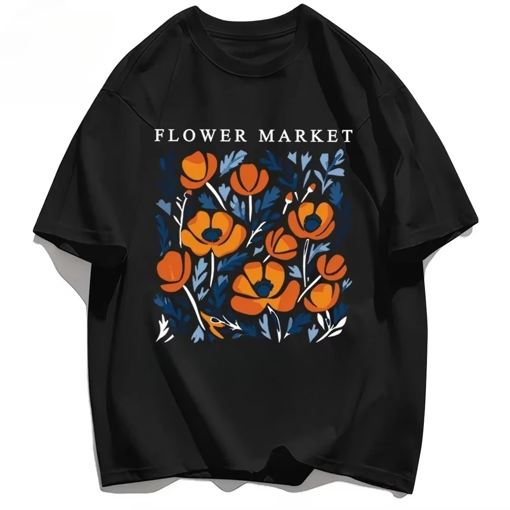 Summer New Style Streetwear Loose Men Women T-shirt Flower Market Floral Graphic Print Soft Cotton Breathable Daily Casual Tops