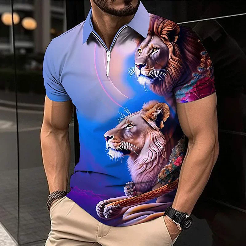 Fashion Street Lion Pattern Men's Polos T-Shirts Summer Short Sleeve 3D Animal Printed Zippers POLO Tee 6XL Big Size Casual Tops