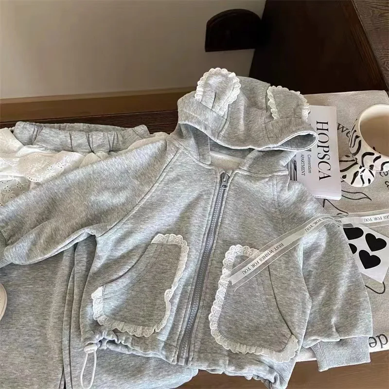 Ins New Autumn Children Girls 2PCS Clothes Set Rabbit Ear Hooded Jacket Outfits Lace Patchwork Jogger Pant Babys Girl Tracksuits