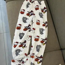 2024 Sanrios Halloween Cartoon Hellokittys Flannel Pajama Pants Anime Kawaii Women Autumn Winter Warm Casual Home Graffiti Pants