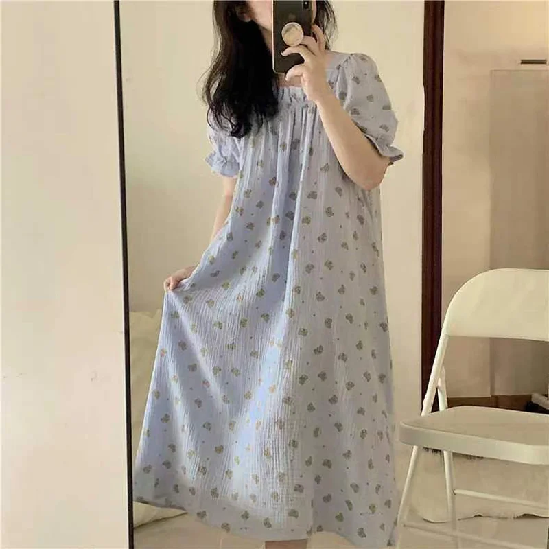 Summer Sweet Princess Style Nightgown Home Wear Imitation Cotton Gauze Nightgown Female Teenage Students in the Long Home Wear