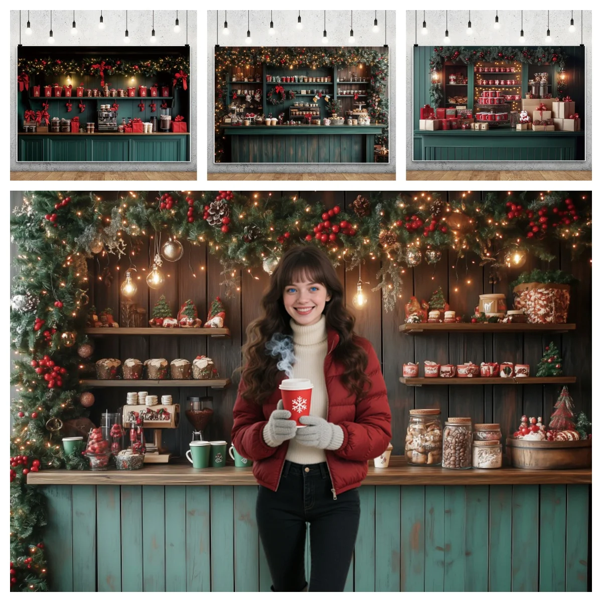 Christmas Photography Backdrops Green Dessert Drinks Table Hot Cocoa Cabinet Wreath Kids Family New Party Decor Photo Background
