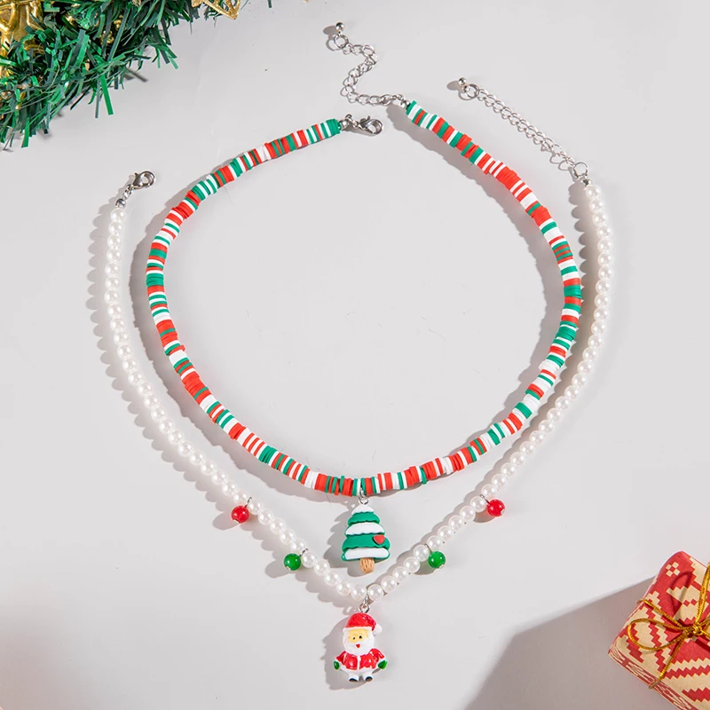 Tocona Kerst Witte Kraal String Hanger Ketting voor Vrouwen Leuke Dubbellaags Kerstboom Charms Vakantie geschenken Jewelr