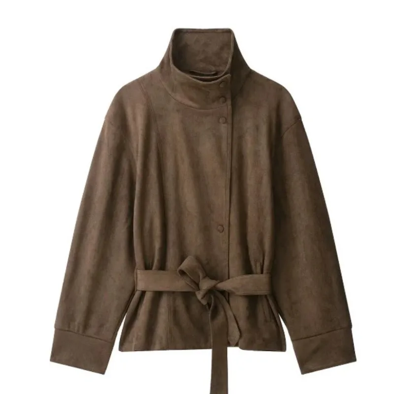 Best-selling Fashion Trend Coat Solid Color Button Belt High-neck Coat, Casual Versatile Clothing for Women in Autumn and Winter