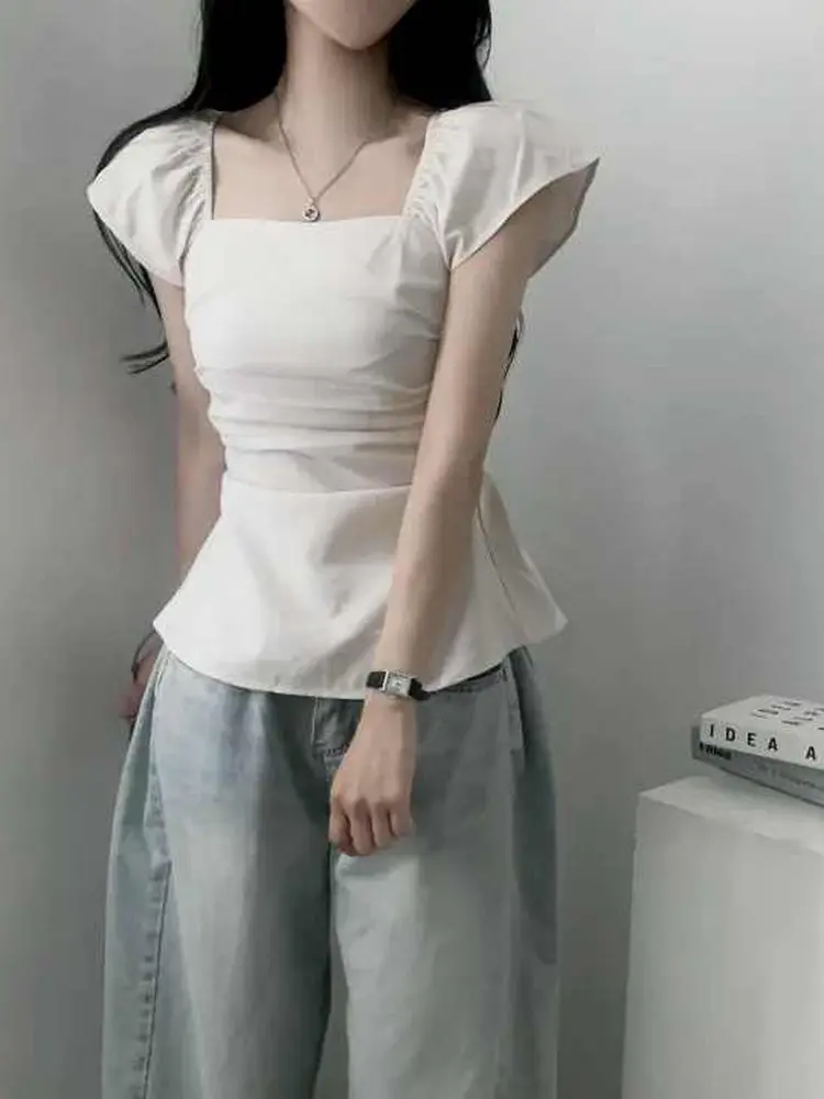 

Летний женский шифоновый гладкий корейский Sle Gentle Personali с квадратным воротником, маленький Flng Sve, однотонный, с поясом, универсальный...