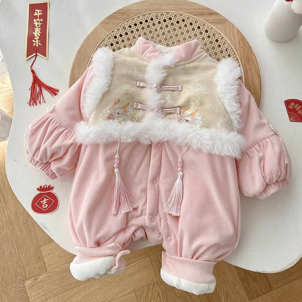 

Chinese New Year Baby Girl Romper Fleece Thick Warm Princess Christmas Newborn Clothes 1st Birthday Baby Winter Jumpsuits