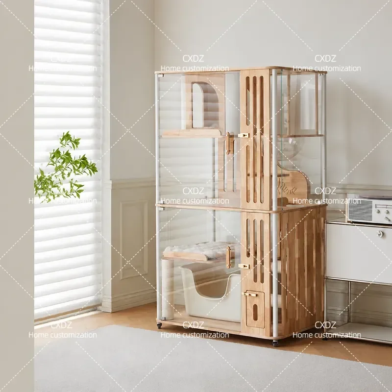 Li House Mufeng series solid wood panoramic cat villa can put automatic cat litter box tempered glass wooden indoor cat