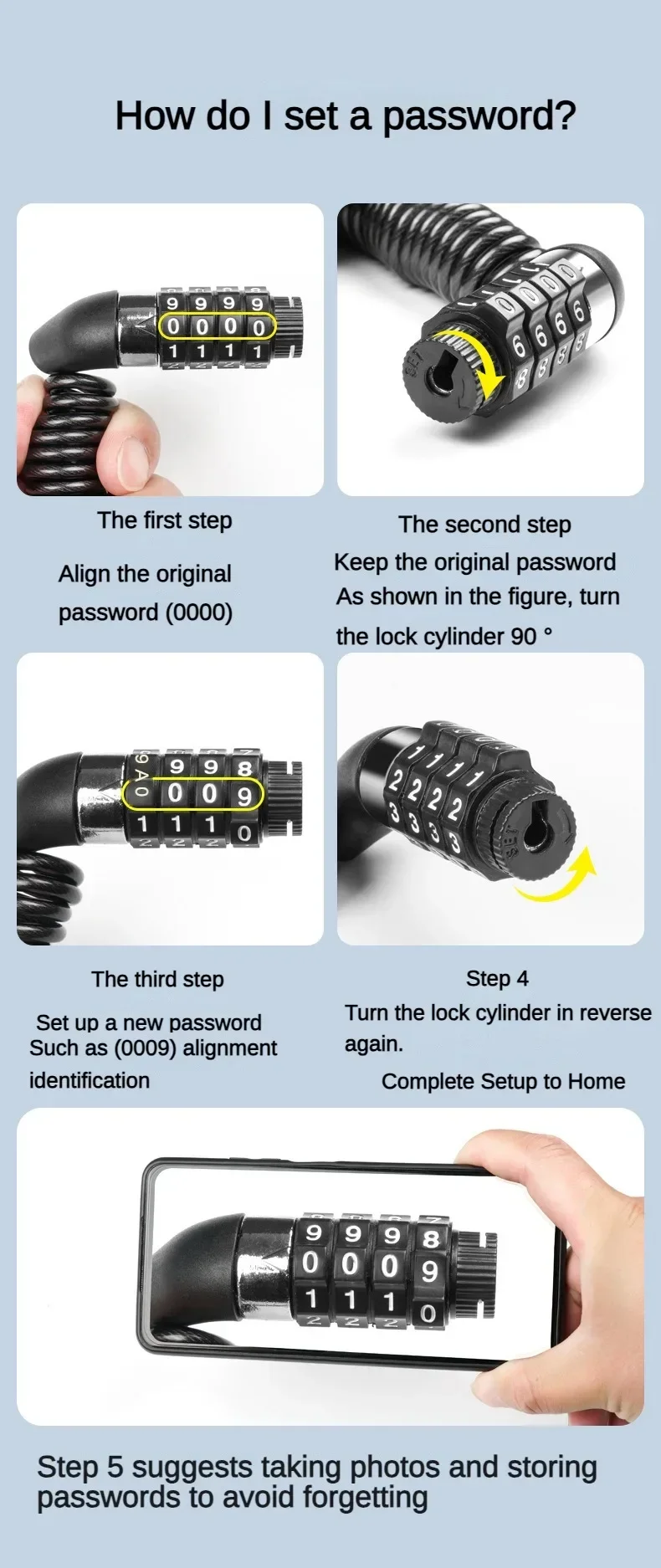 Bicycle lock, wire chain mountain bike, motorcycle anti-theft password reminder, rope luggage lock, helmet lock