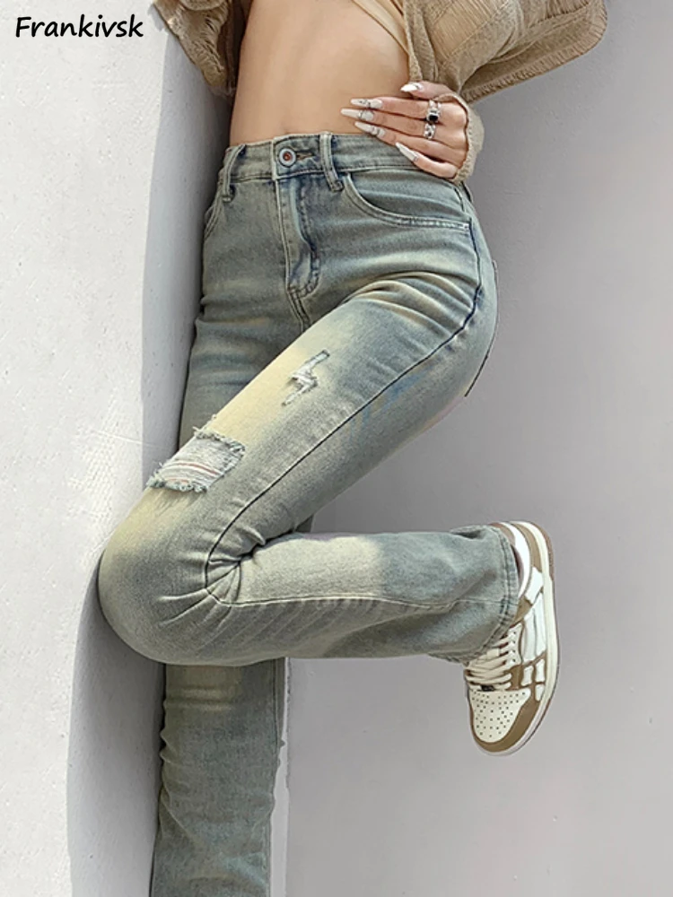 

Frayed Flare Jeans Women Slim Washed Vintage All-match High Waist Retro Japanese Style Streetwear Tredny Leisure Spring Hotsweet