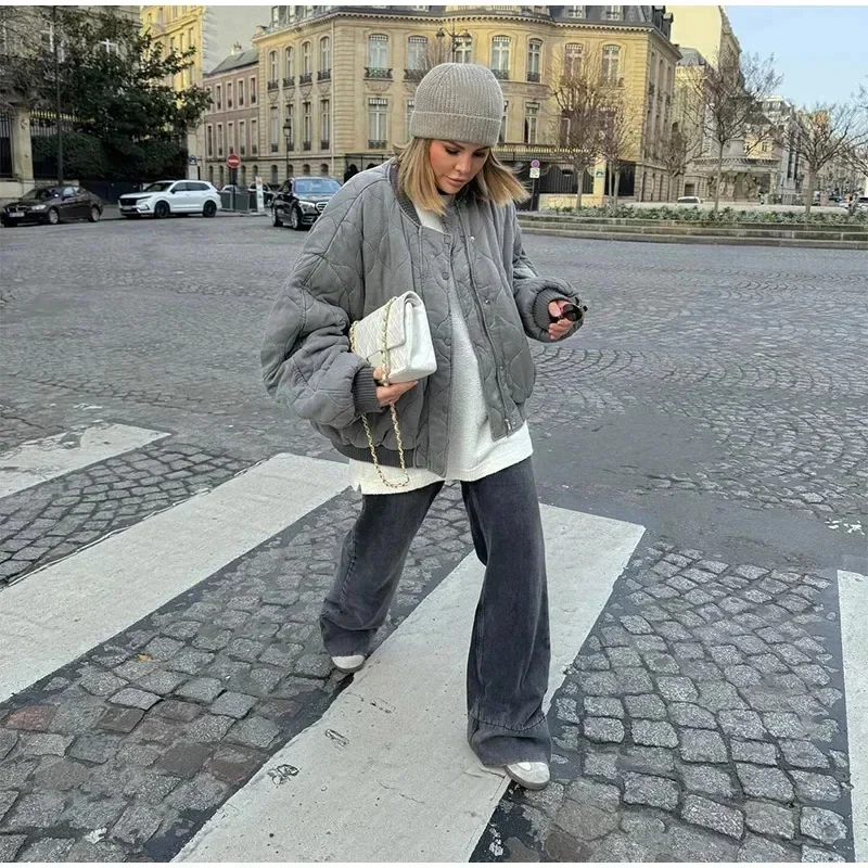 Fashion Quilted Single Breasted Women Cotton Jacket Casual Pocket Stand Collar Long Sleeve Coat Fall Winter Warm Thick Outerwear