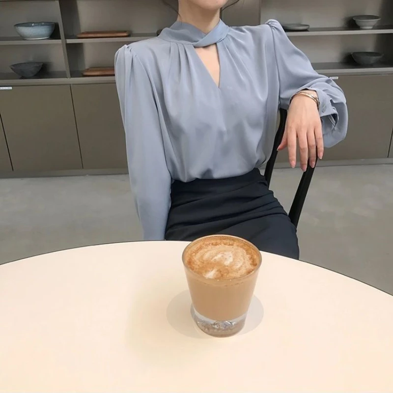 Blouses Women Elegant Simple Solid Color Draped Hollow Out Folds Long Sleeve French Style Ins Stylish Office Commuting Spring