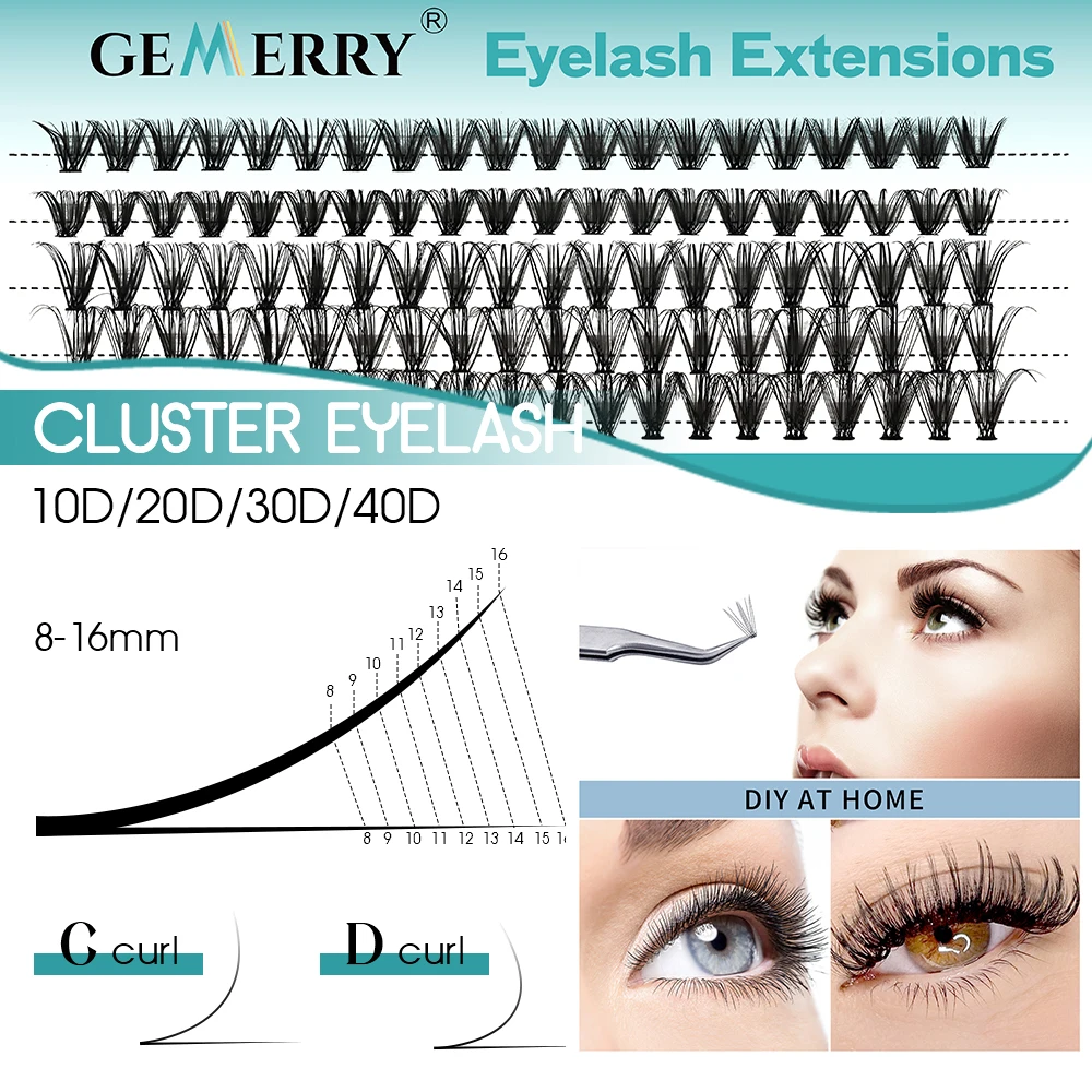 Gemerry Cluster Lashes Extensions 5 Row Slender Stem 10D/20D/30D/40D/50D High Quality Soft Individual Eyelash DIY Portable Tools