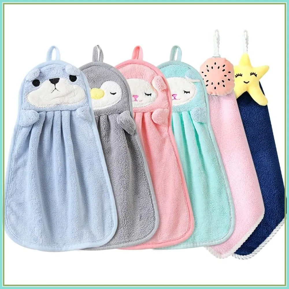 

6-Piece Cute Animal Hand Towel Set - Soft Coral Velvet, Absorbent & Quick Dry with Hanging Loop for Bathroom Kitchen