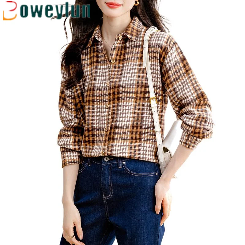 

Boweylun New Vintage Milled Shirt Women's Autumn Plaid Loose Casual Blouse Jacket Female