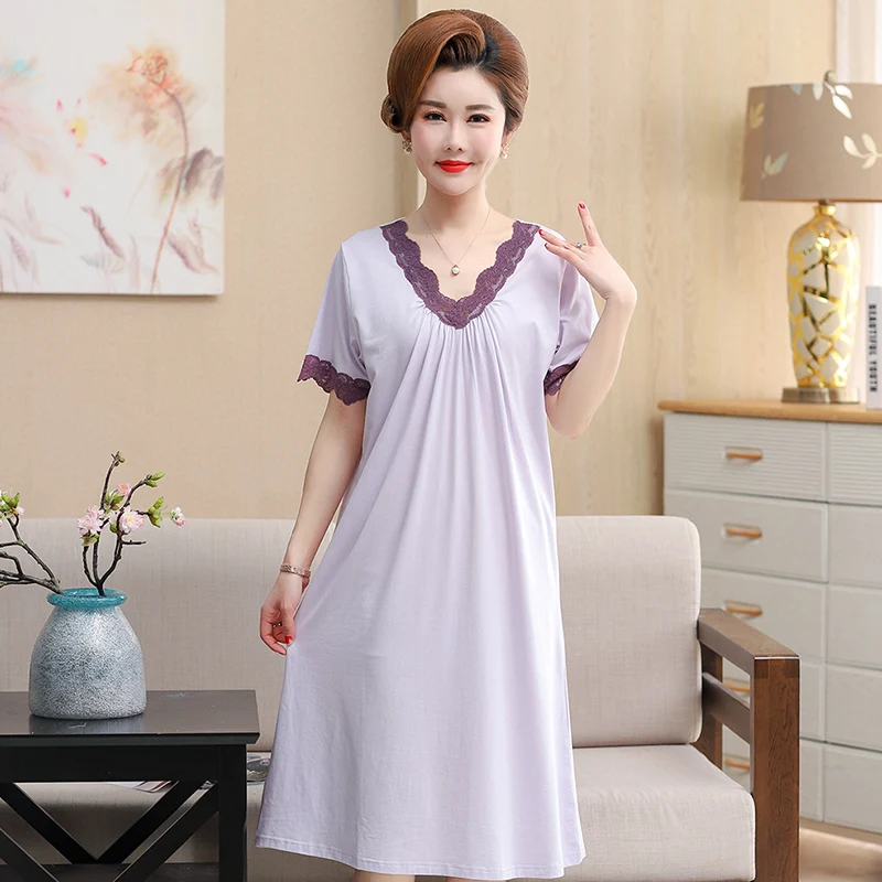 Summer Women's Long Dress Modal Short Sleeve Sleepwear Home Nightshirt Women Causal Sleepwear Ladies Lace Nightgown Women Dress