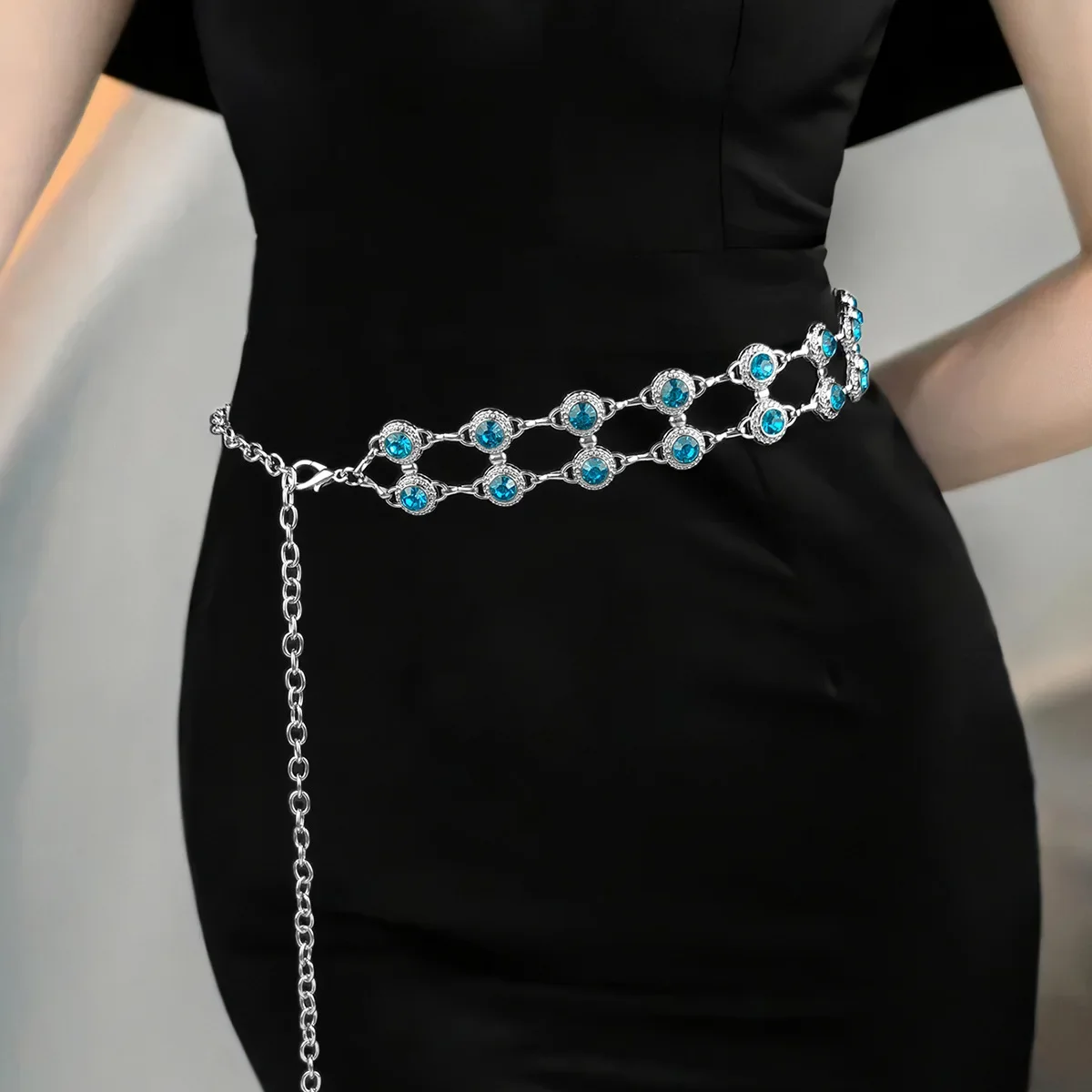 

Fashion blue rhinestone waist chain luxury ethnic style silver hollow chain decorated with thin waist belt women accessories