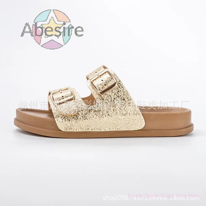 New Summer Soft Material Beach Half Slippers, Indoor and Outdoor Shopping Colorful Embellished Metal Button Women's Slippers