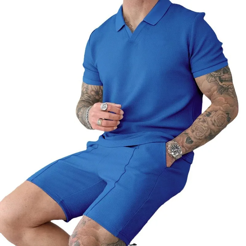 

Men's Clothing Set, Summer Two-piece Set, Waffle Lapel, Solid Color, Thin Casual Polo Short Sleeved Shorts Set