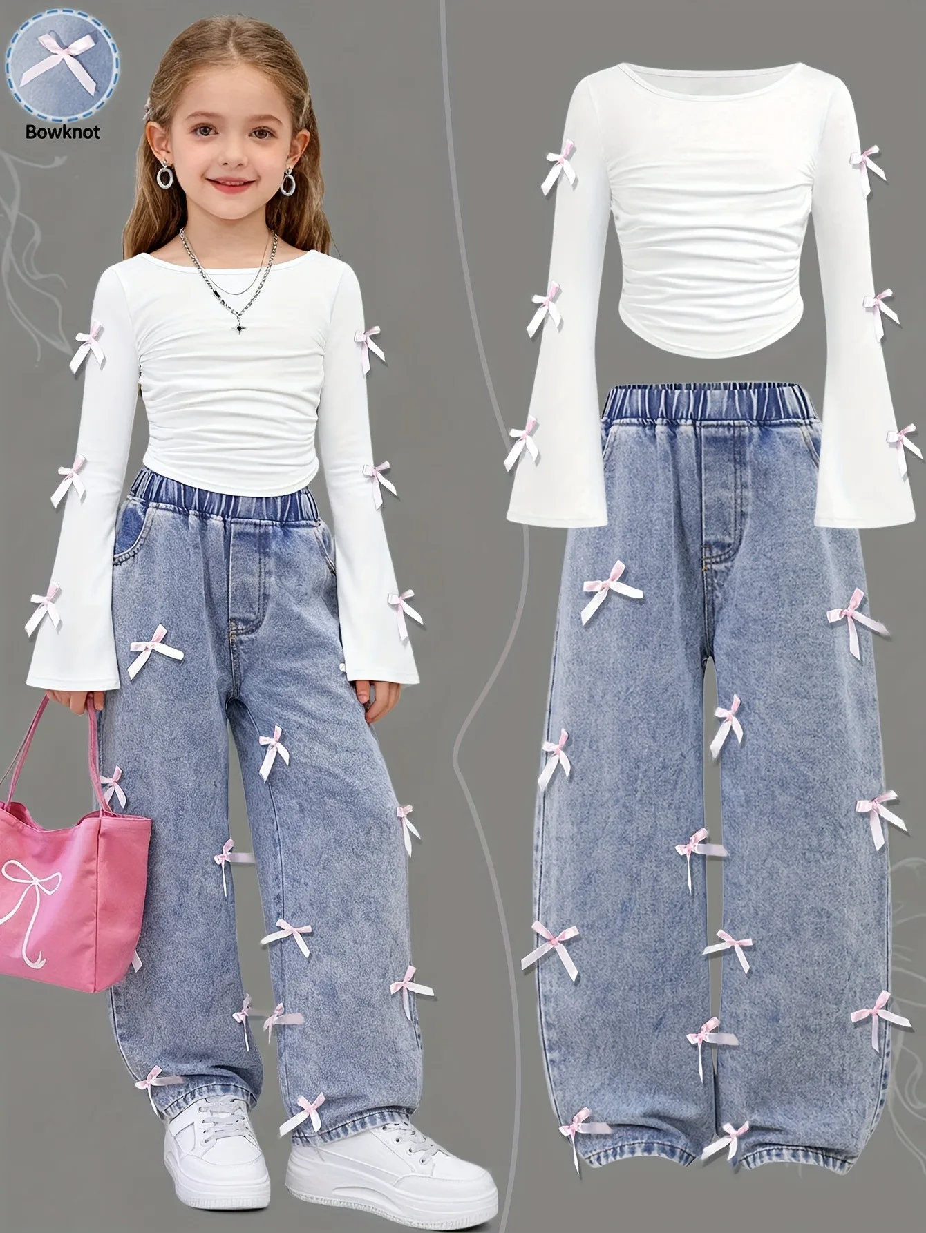 Girls Girls 2-Piece Sweet Outfit Set, Pink Bow Decor Ruched Flare Long Sleeve Crop Top & Elastic Waist Wide Leg Denim Jeans - Aliexpress Deal