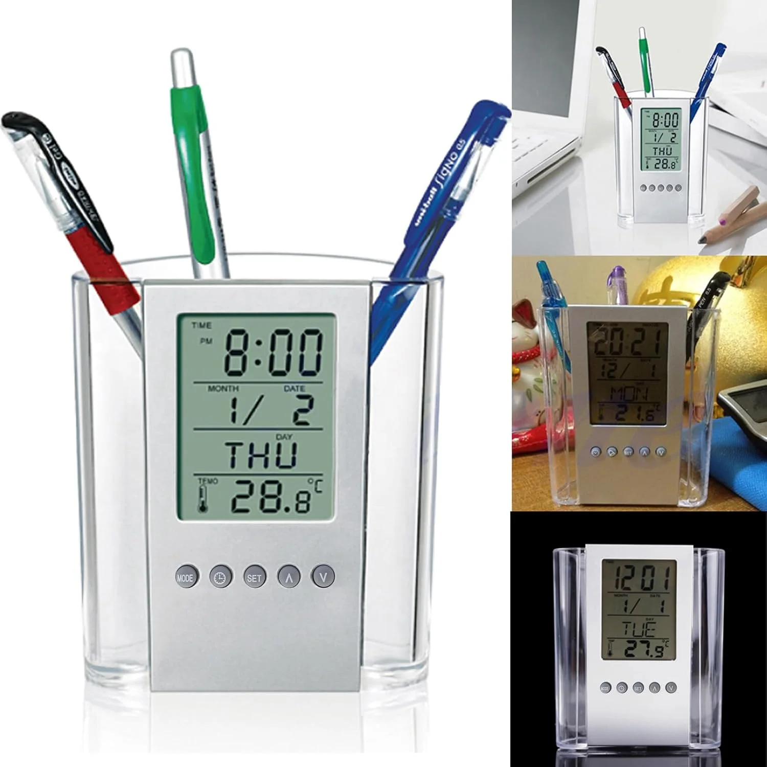 LCD Digital Alarm Clock Desk Pencil Pen Holder Organizer Thermometer Calendar Pen