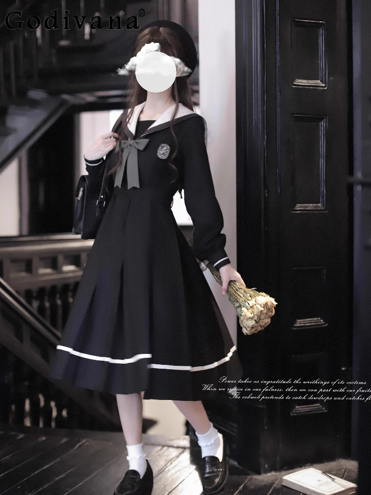 

Original JK Uniform Autumn Winter New Girl's Sweet Elegant High Waist Slim Long Dress College Style Student Black Elegant Dress