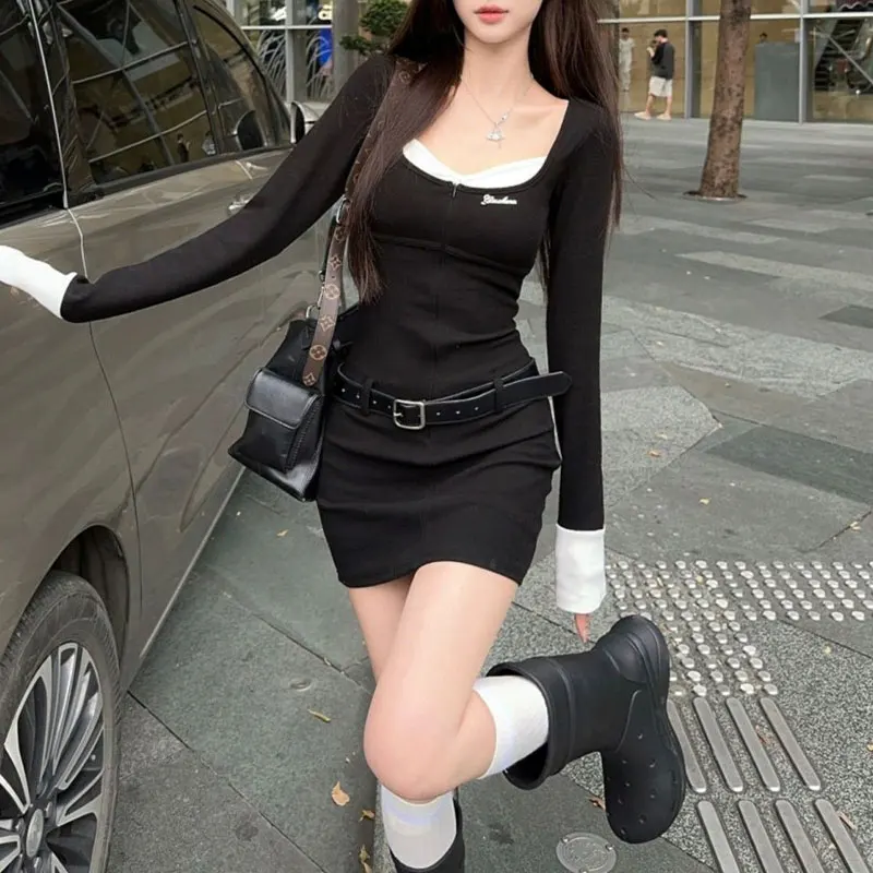 

Fake Two Pieces Slim Fashion Sashes Dresses Female Clothing Patchwork Waist Autumn New Hotsweet Square Collar Bag Hip Mini Dress