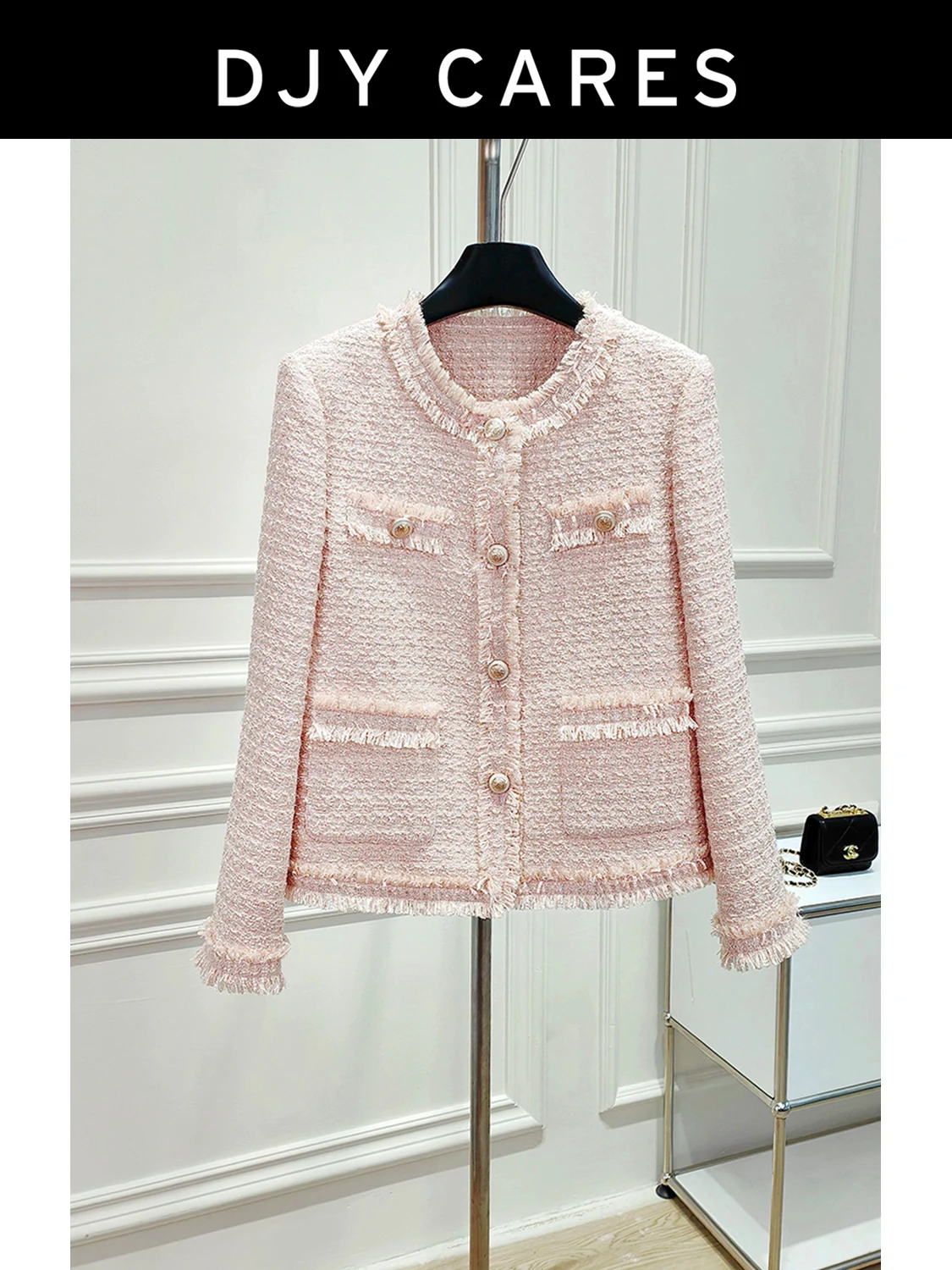 

New Coarse tweed pink tassel round neck jacket with a sweet and elegant temperament big size