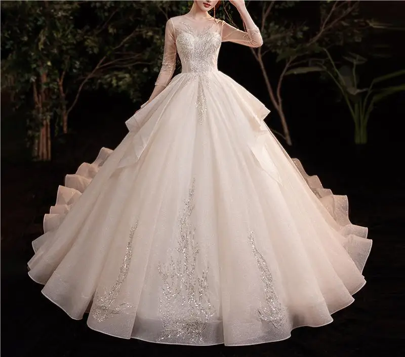 

HA 375 Main wedding dress 2024 new bride wedding tail temperament long sleeves cover arms