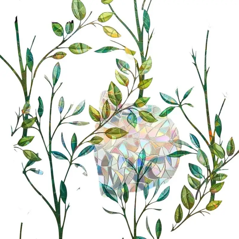 Static Cling Stained Glass Window Film Green Leaf Pattern Privacy Protection Light Transmitting For Home Kitchen Office Bathroo
