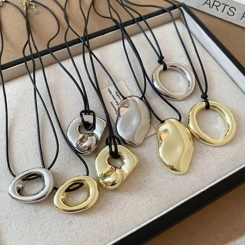 

Punk Large U-Shape Geometric Pendant Necklace Women MenHorseshoe Adjustable Long Leather Rope Sweater Chain Necklaces Jewelry