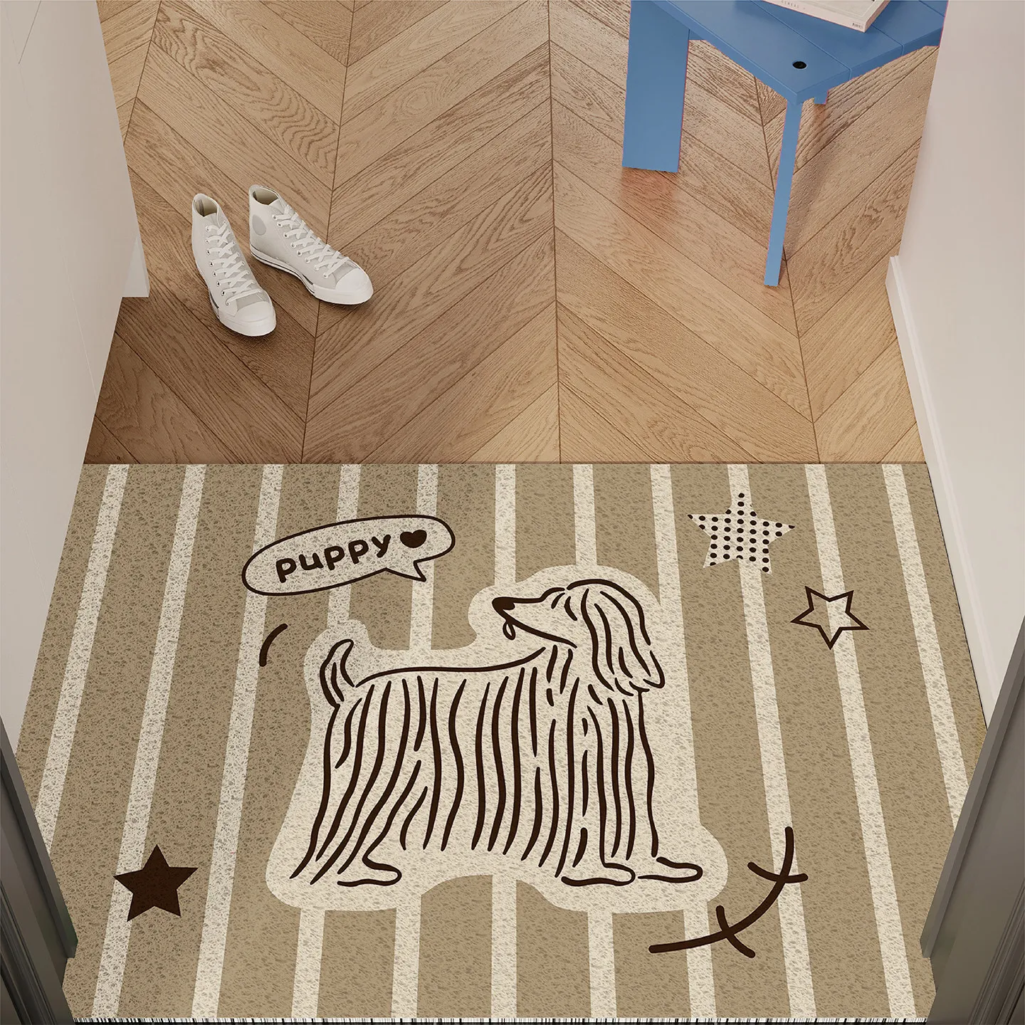 Striped Cute Sketch Puppy Dog Print PVC Silk Loop Doormat Anti Slip Dirt Easy Clean Front Door Entryway Floor Mat Home Decor