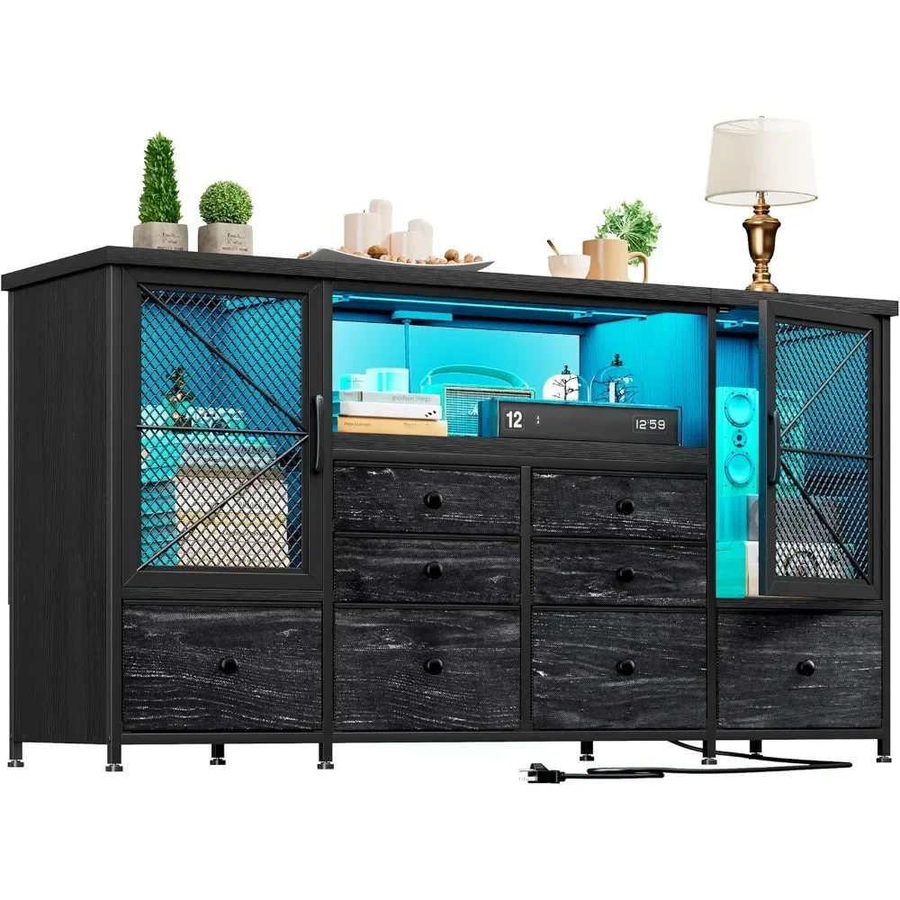 Dresser for Bedroom with Power Outlets & LED Lights,Black Dresser for Bedroom with 8 Drawers& 2 Large Cabinet,Mesh Metal Door