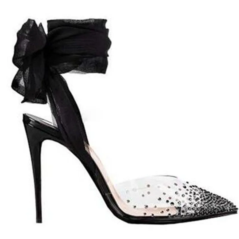 Red White Black Mesh Ribbon Lace-Up Butterfly-Knot Sandals Clear PVC Crystal Pointed Toe Slingback Banquet Dress Pumps - view 4