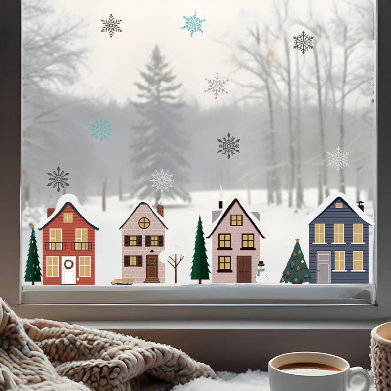 Christmas Snow House Cartoon Window Sticker Wall Stickers Double-Sided Visible Glass Decorative Sticker Self-Adhesive Removable