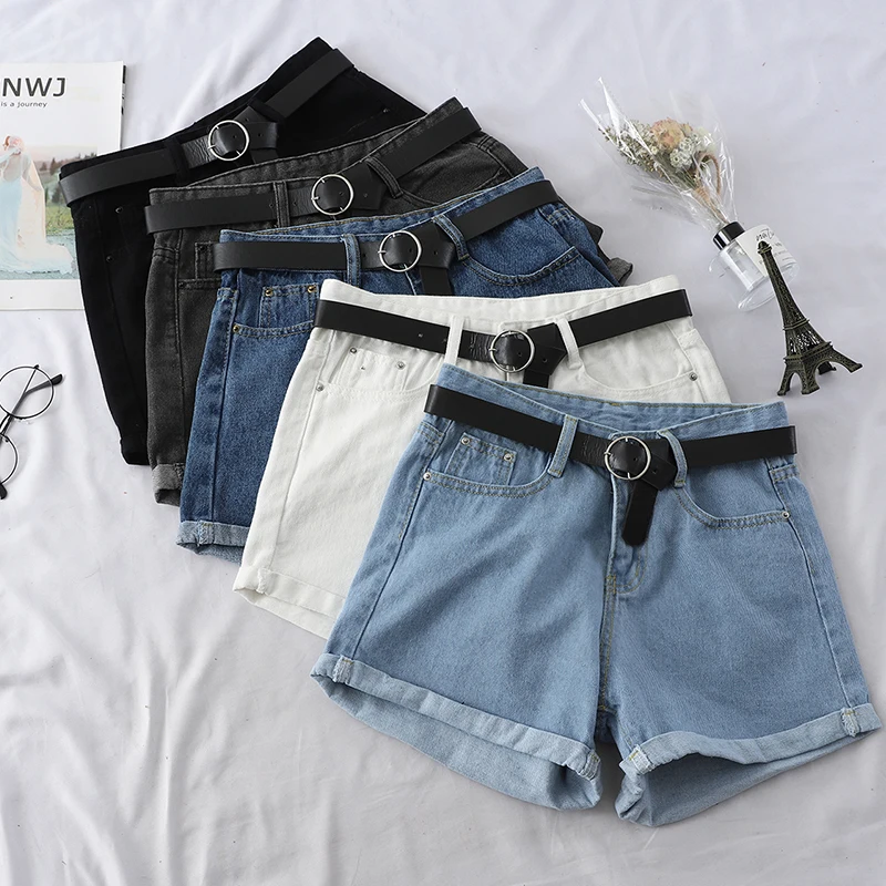 Shorts jeans casuais para mulheres, jeans fino de cintura alta para senhoras, faixas com todos os fósforos, fundo de verão, chique e quente, #05