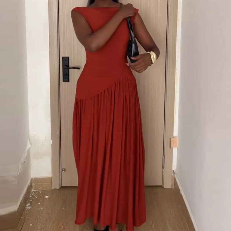 Fashion O-neck Sleevless Top & Long Skirt Set Women Elegant Commuter Solid 2Pc Outfits Casual Hight Waist Draped Slim Party Suit