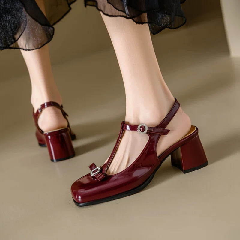 ASILETO 6cm Thick Square Heel Women Sandals Shoes Spring 32 33 45 46 Strap Square Toe Patent Leather High Quality