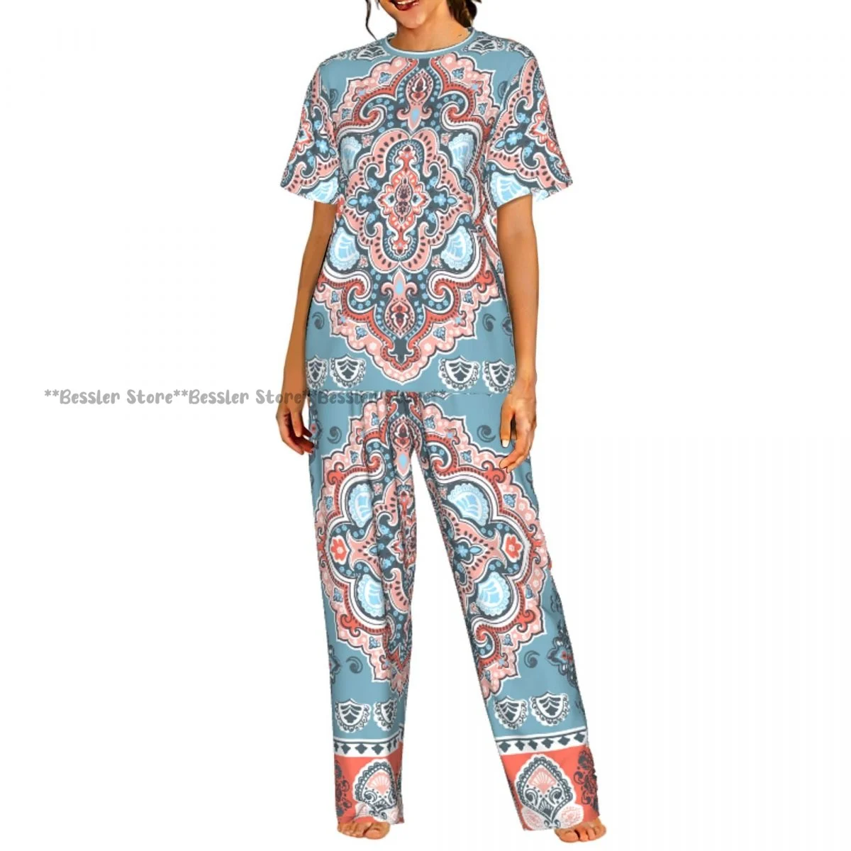 

Women's Indian Floral Paisley Ethnic Mandala short sleeve trousers casual pajamas set