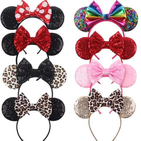 Disney Colorful Sequins Bows Mickey Mouse Ear Headband for Adults Festival Party Hair Accessories Women Girls Rainbow Hairbands