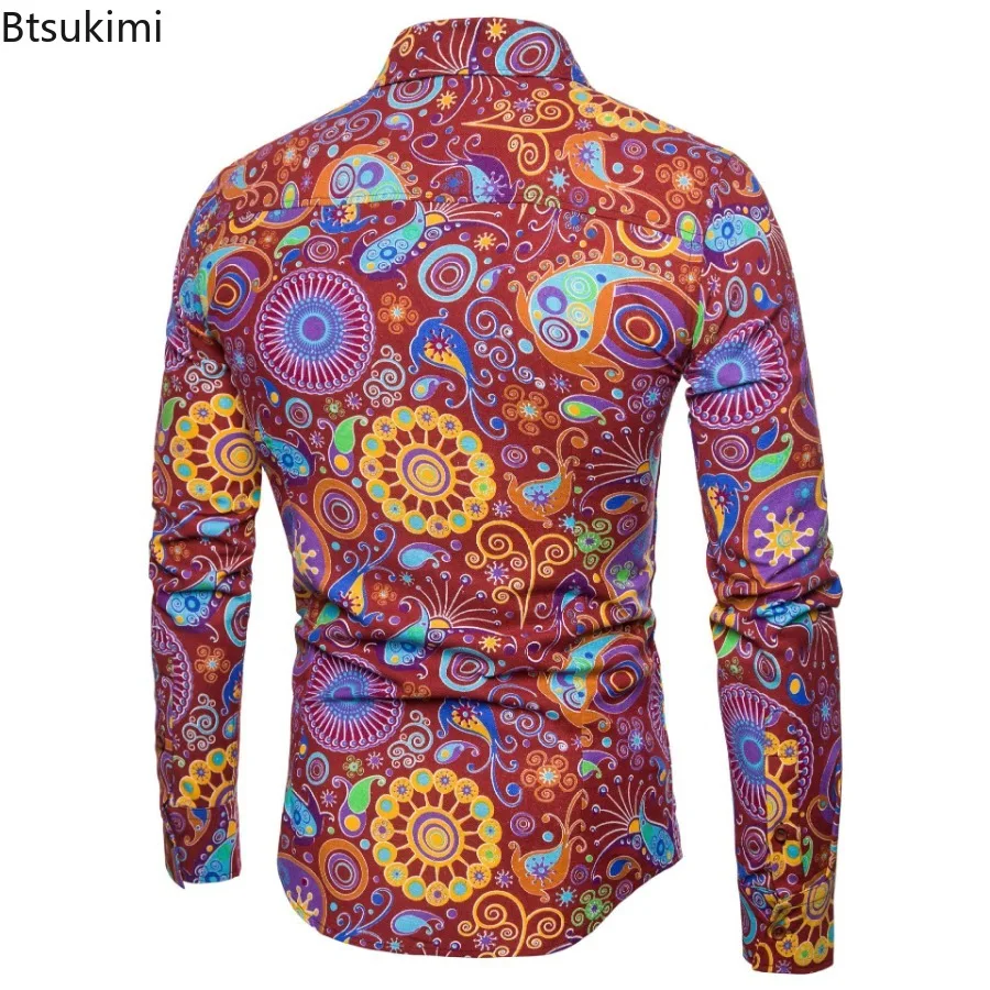 Fashionable Men's 70s Disco Shirts Flax Casual Tops Floral Long Sleeve Shirts Button Lapel Cardigan Mens Oversized Clothing New