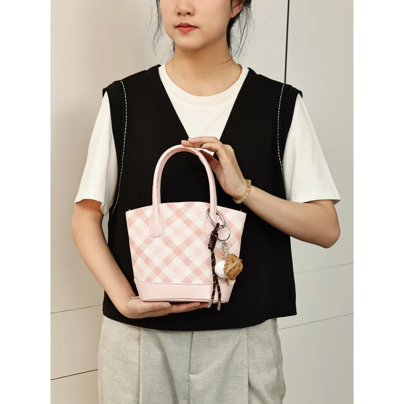 

Fashionable and versatile fresh bucket bag 2026New Spring and Summer Women's Bags Plaid Simple Handbag Crossbody Bag for Women C